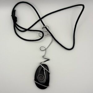 Black Onxy Silver Wire Wrapped Pendant Necklace